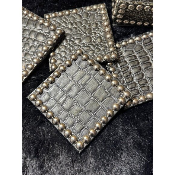 Dransfield & Ross Gray Crocodile Dark Red Coasters Set of 4 Embossed Nail Trim - Picture 5 of 9